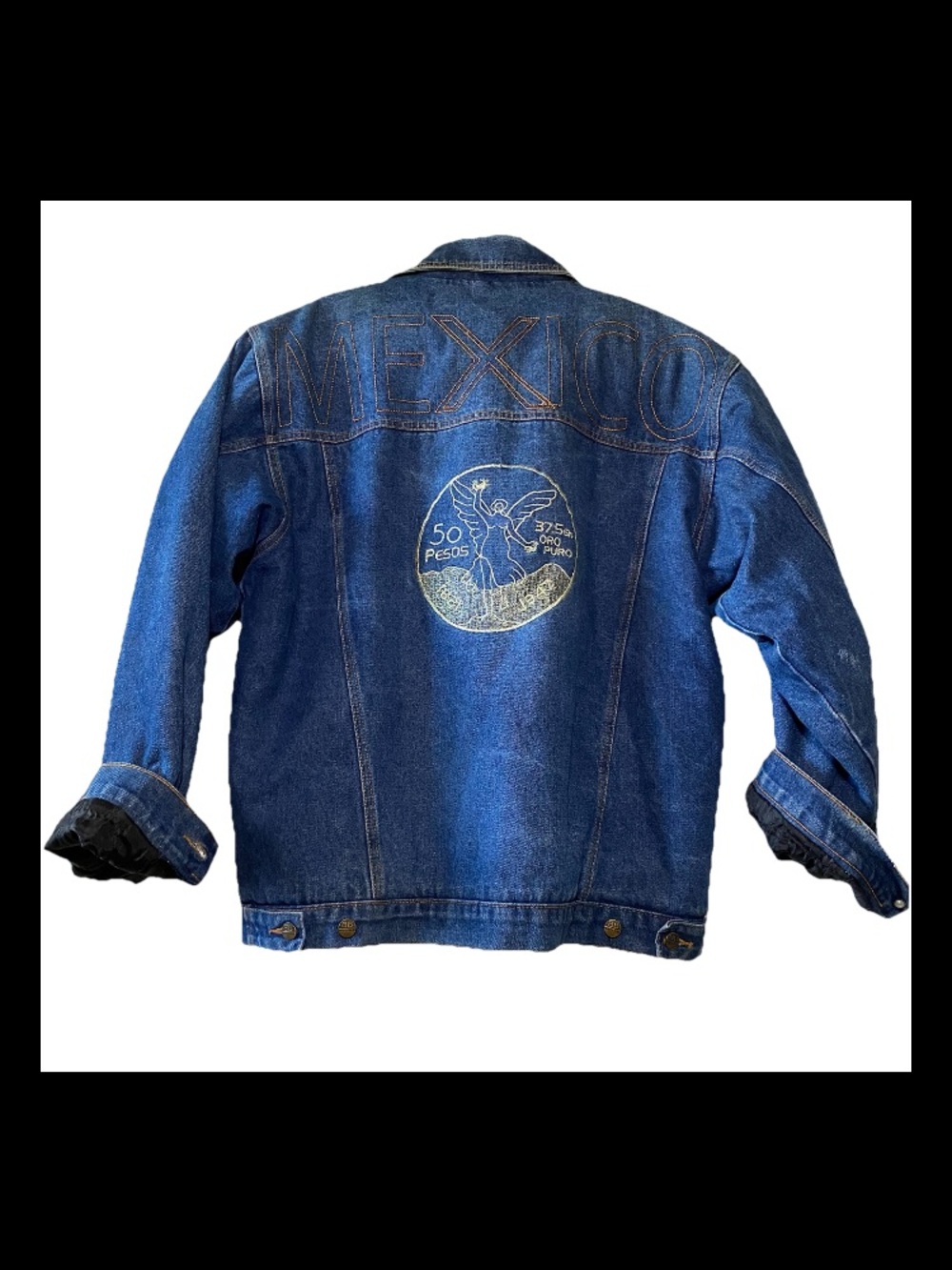 Black Blue Gold Embroidery MEXICO 50 Pesos Oro Angel Sherpa Trucker Jacket XL